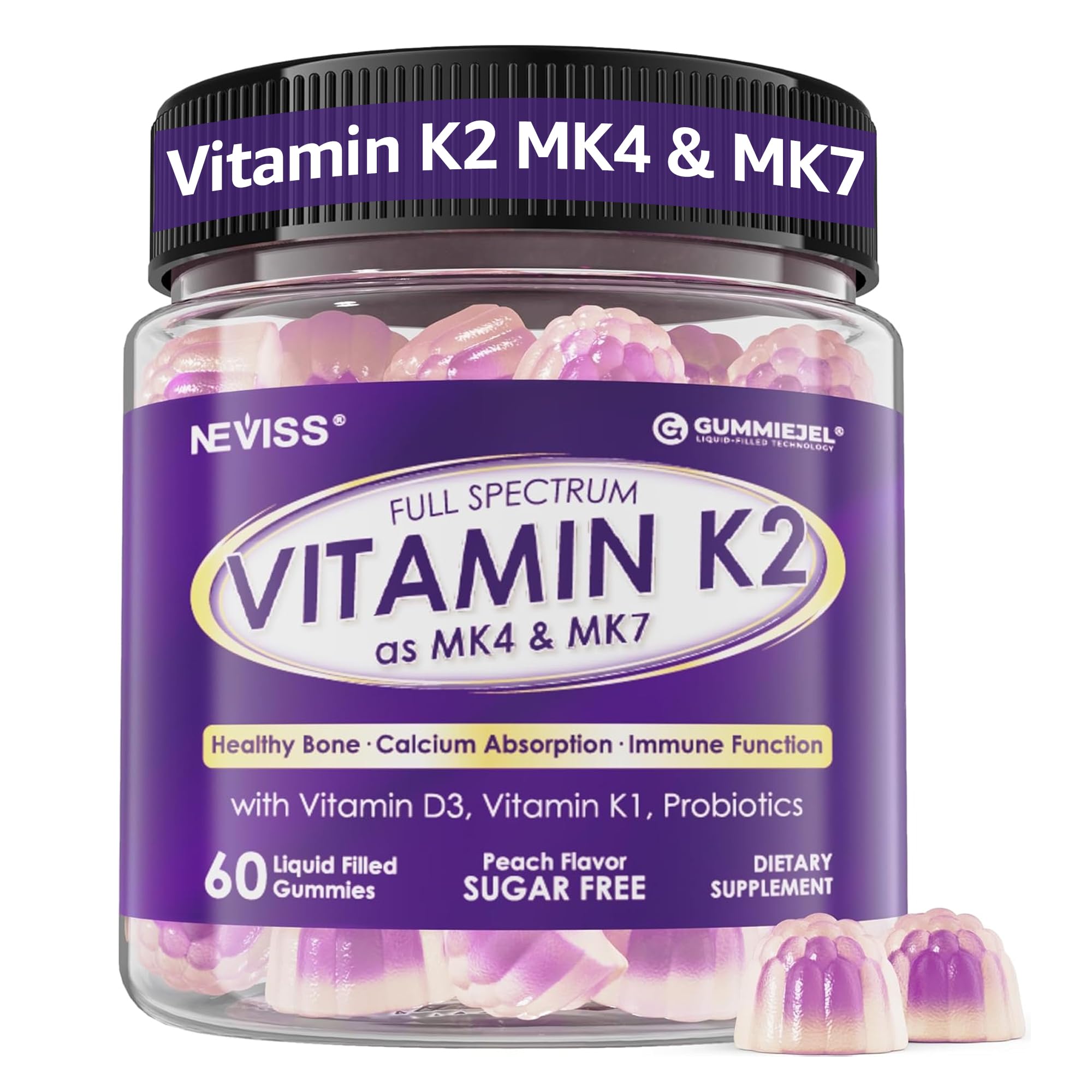 Vitamin K Complex Gummies (Vitamin K2 MK7 MK4, K1) +Bone Health +Calcium Absorption +Antioxidant +Sugar Free +60 Cts